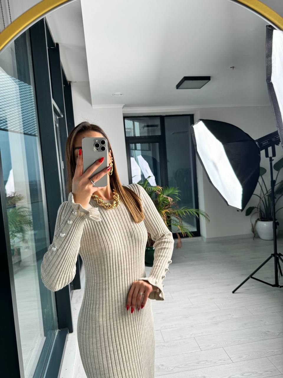 Taş%20Rengi%20inci%20Detaylı%20Lüks%20Kalite%20Triko%20Elbise