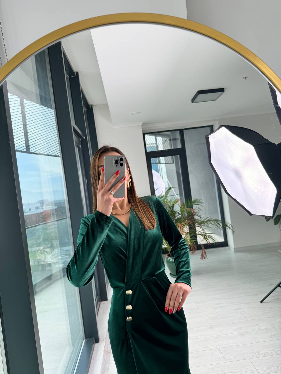 Zümrüt%20Düğme%20Detaylı%20Kadife%20Ebise