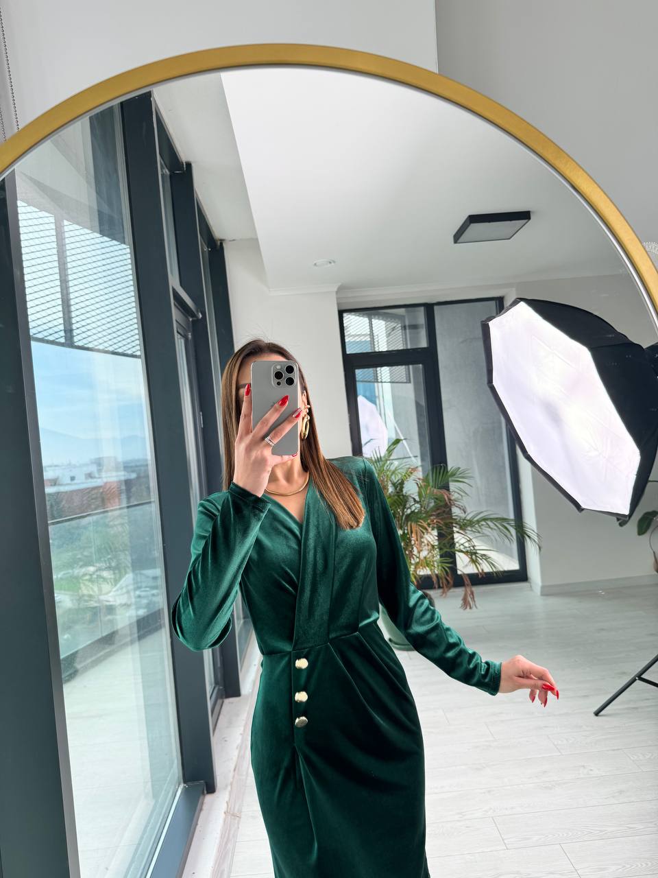 Zümrüt%20Düğme%20Detaylı%20Kadife%20Ebise