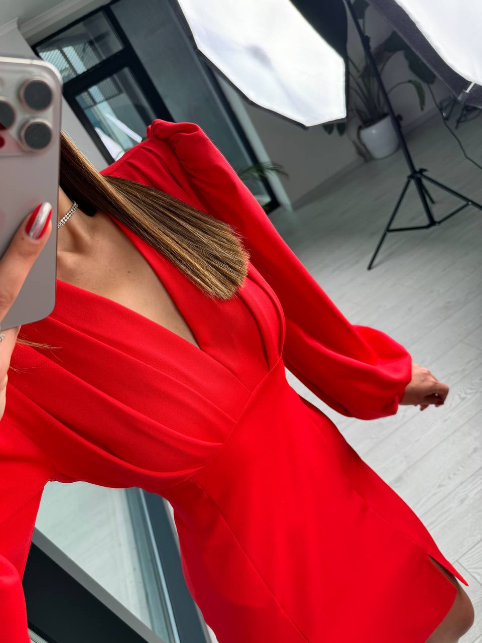 Kırmızı%20Tasarım%20Göğüs%20Pileli%20Double%20Kumaş%20Elbise
