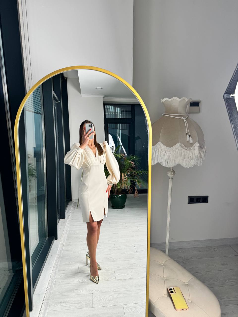 Bej%20Tasarım%20Göğüs%20Pileli%20Double%20Kumaş%20Elbise