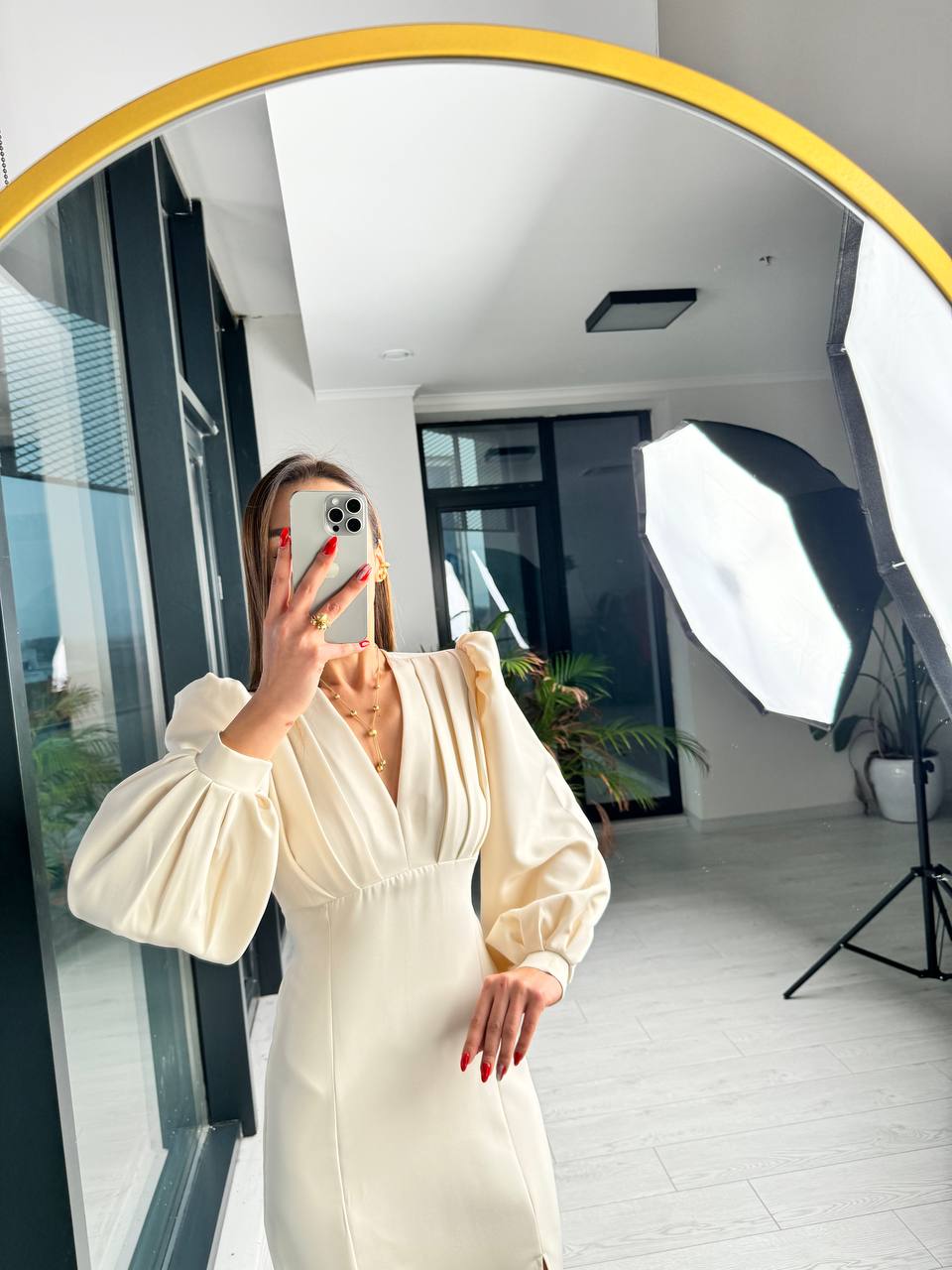 Bej%20Tasarım%20Göğüs%20Pileli%20Double%20Kumaş%20Elbise