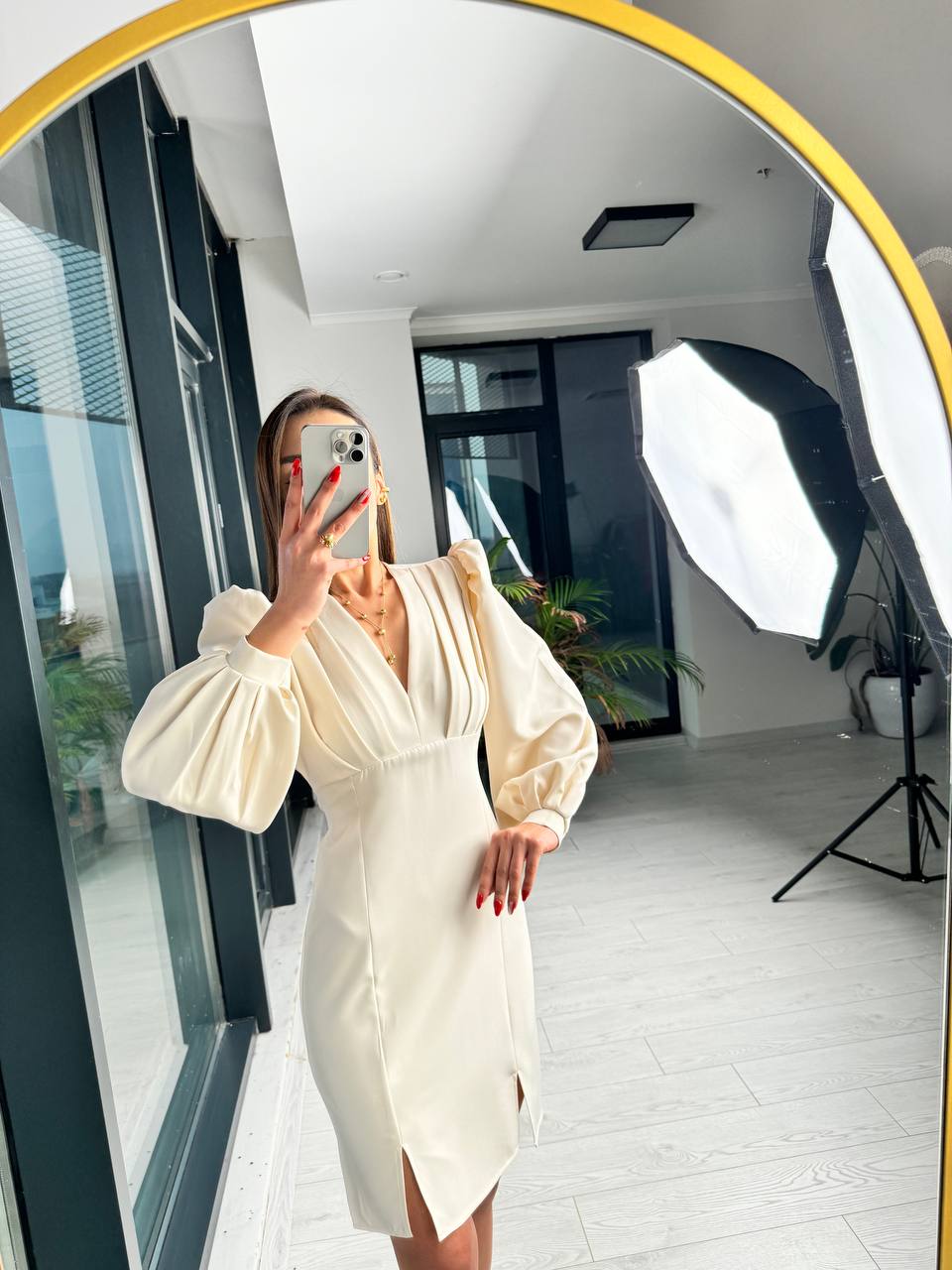 Bej%20Tasarım%20Göğüs%20Pileli%20Double%20Kumaş%20Elbise