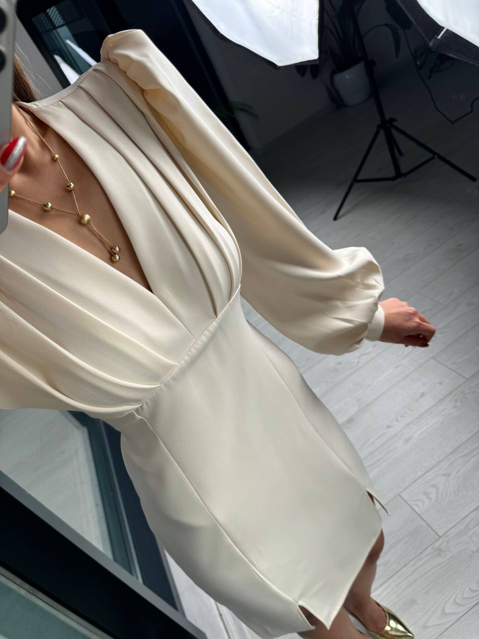 Bej%20Tasarım%20Göğüs%20Pileli%20Double%20Kumaş%20Elbise