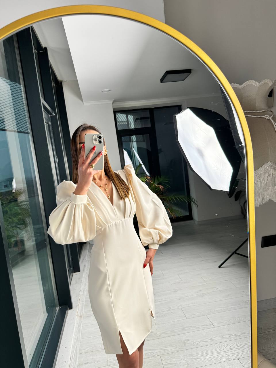 Bej%20Tasarım%20Göğüs%20Pileli%20Double%20Kumaş%20Elbise