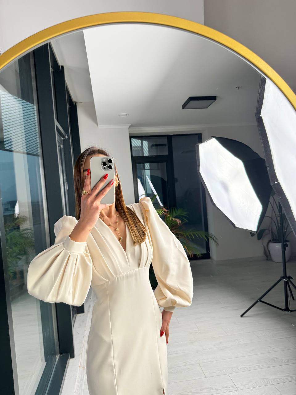 Bej%20Tasarım%20Göğüs%20Pileli%20Double%20Kumaş%20Elbise