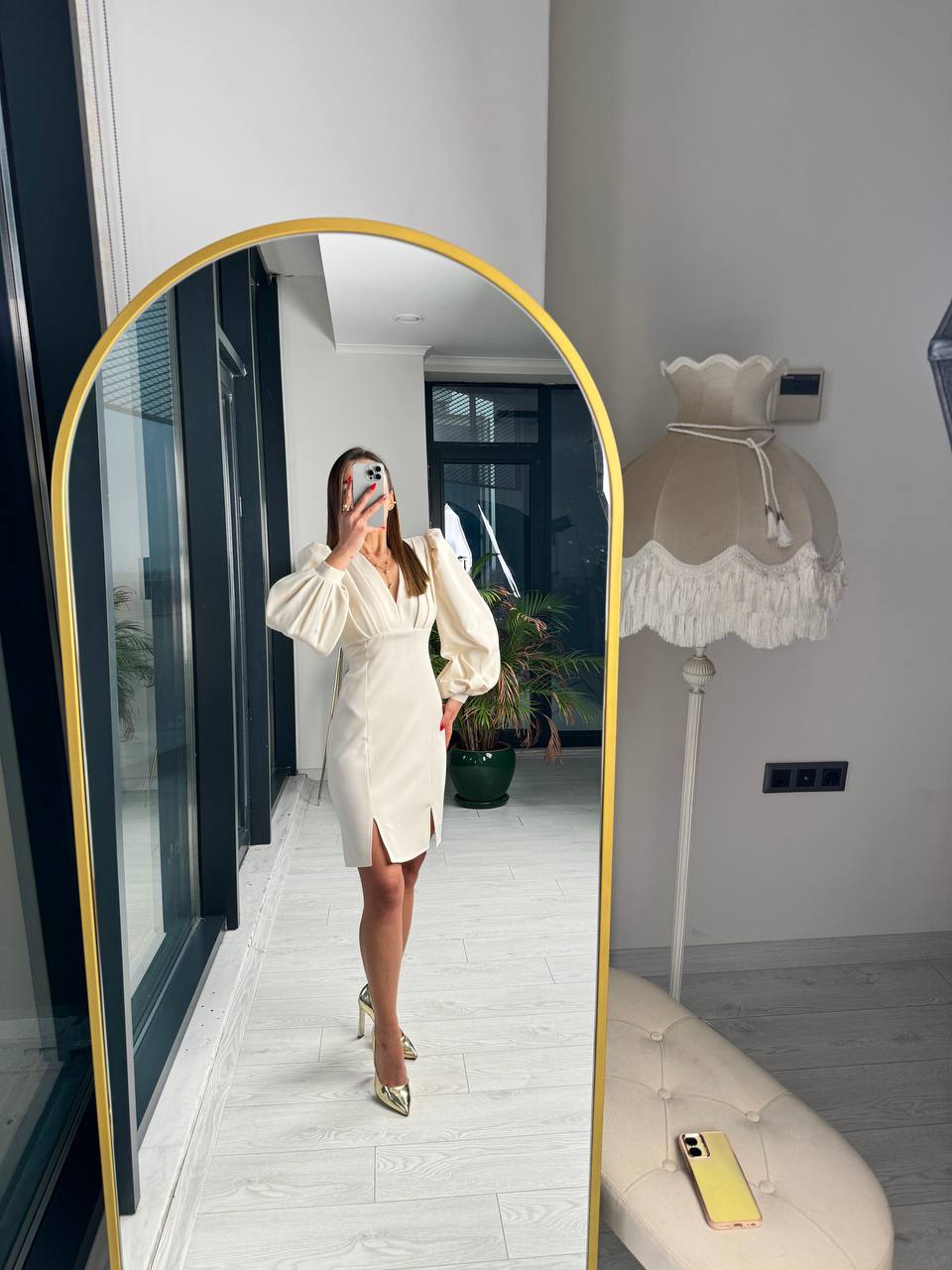Bej%20Tasarım%20Göğüs%20Pileli%20Double%20Kumaş%20Elbise