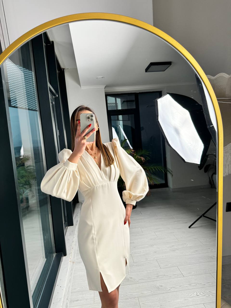 Bej%20Tasarım%20Göğüs%20Pileli%20Double%20Kumaş%20Elbise