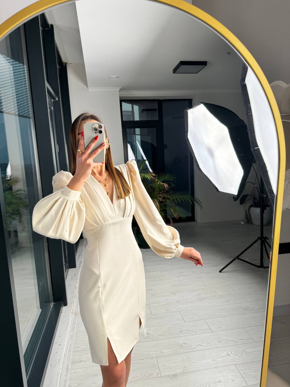 Bej%20Tasarım%20Göğüs%20Pileli%20Double%20Kumaş%20Elbise