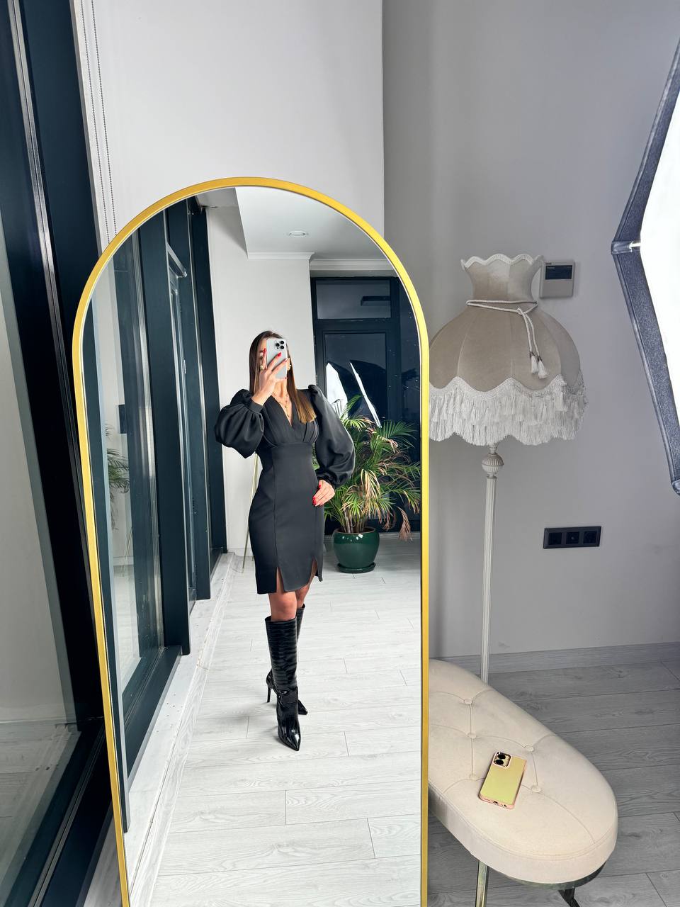 Siyah%20Tasarım%20Göğüs%20Pileli%20Double%20Kumaş%20Elbise