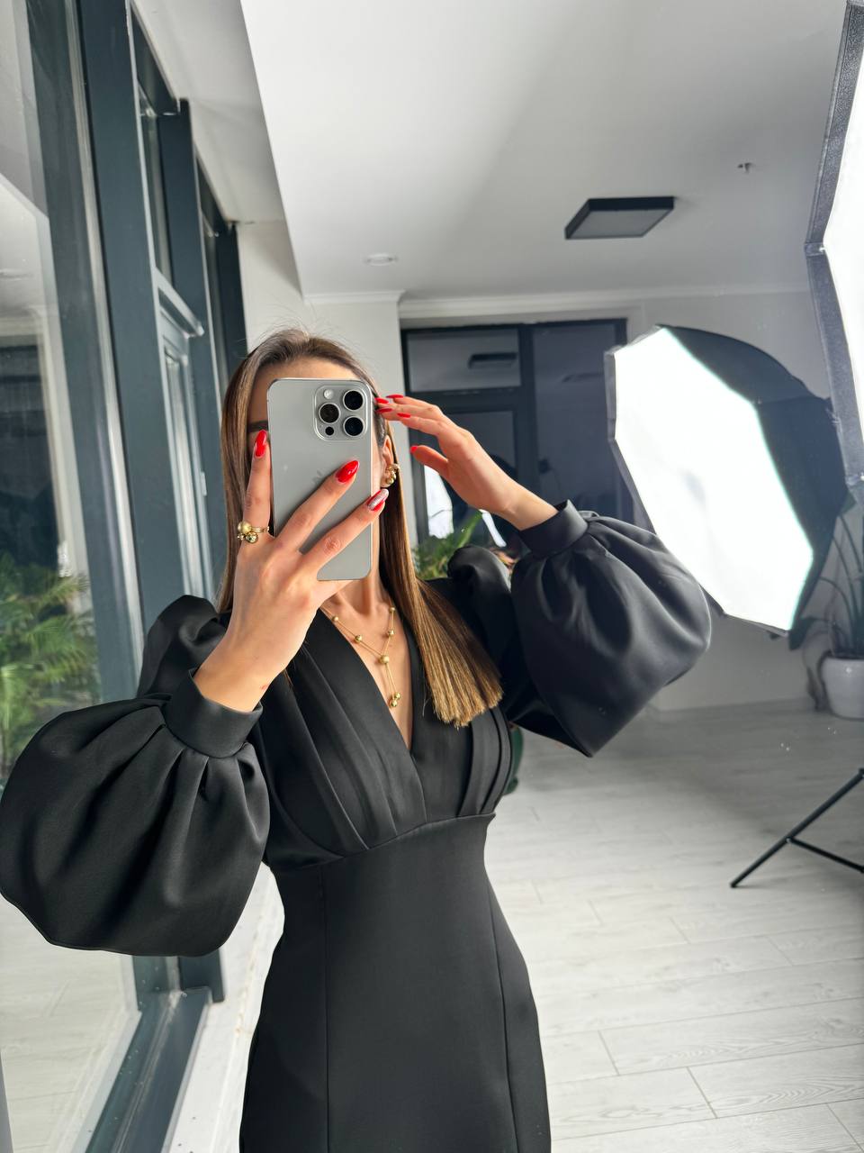 Siyah%20Tasarım%20Göğüs%20Pileli%20Double%20Kumaş%20Elbise