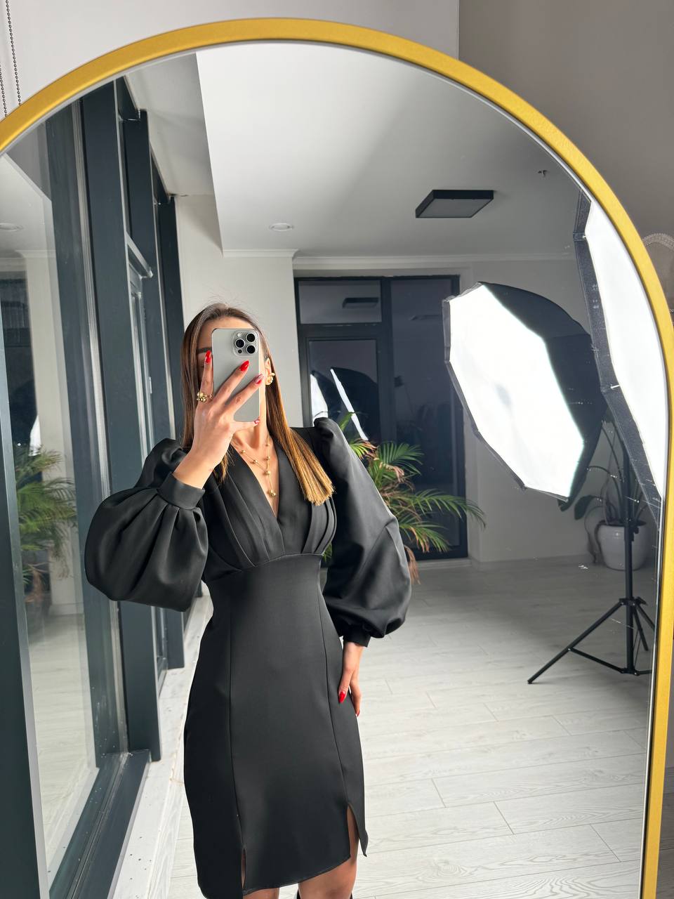 Siyah%20Tasarım%20Göğüs%20Pileli%20Double%20Kumaş%20Elbise