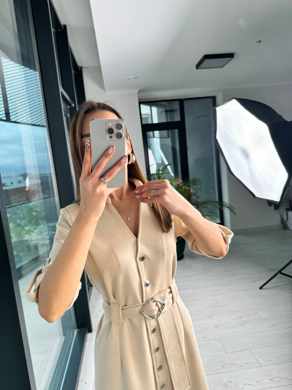 Bej%20Çıtçıtlı%20Nubuk%20Süet%20Çan%20Elbise