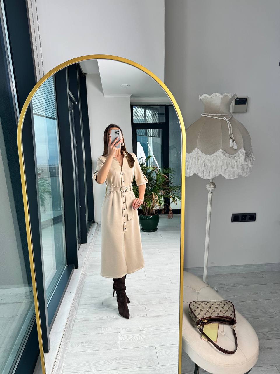 Bej%20Çıtçıtlı%20Nubuk%20Süet%20Çan%20Elbise