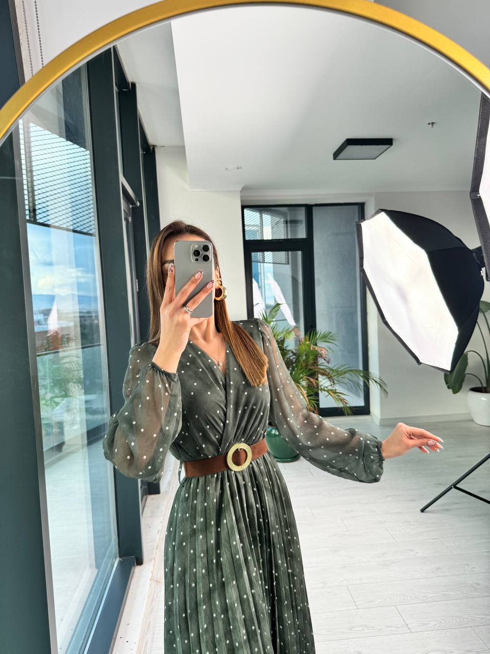 Yeşil%20Puantiye%20Desenli%20Kemerli%20Şifon%20Elbise