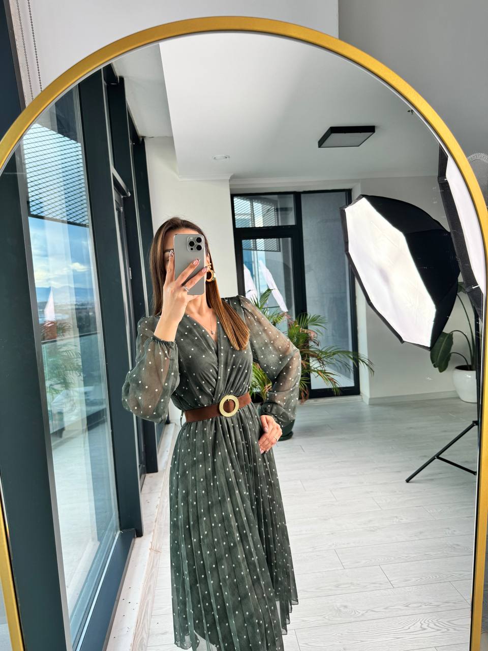 Yeşil%20Puantiye%20Desenli%20Kemerli%20Şifon%20Elbise