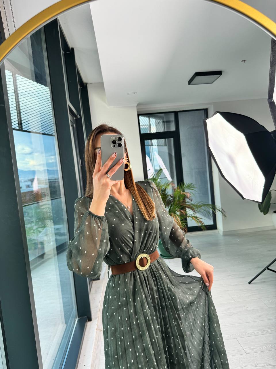 Yeşil%20Puantiye%20Desenli%20Kemerli%20Şifon%20Elbise