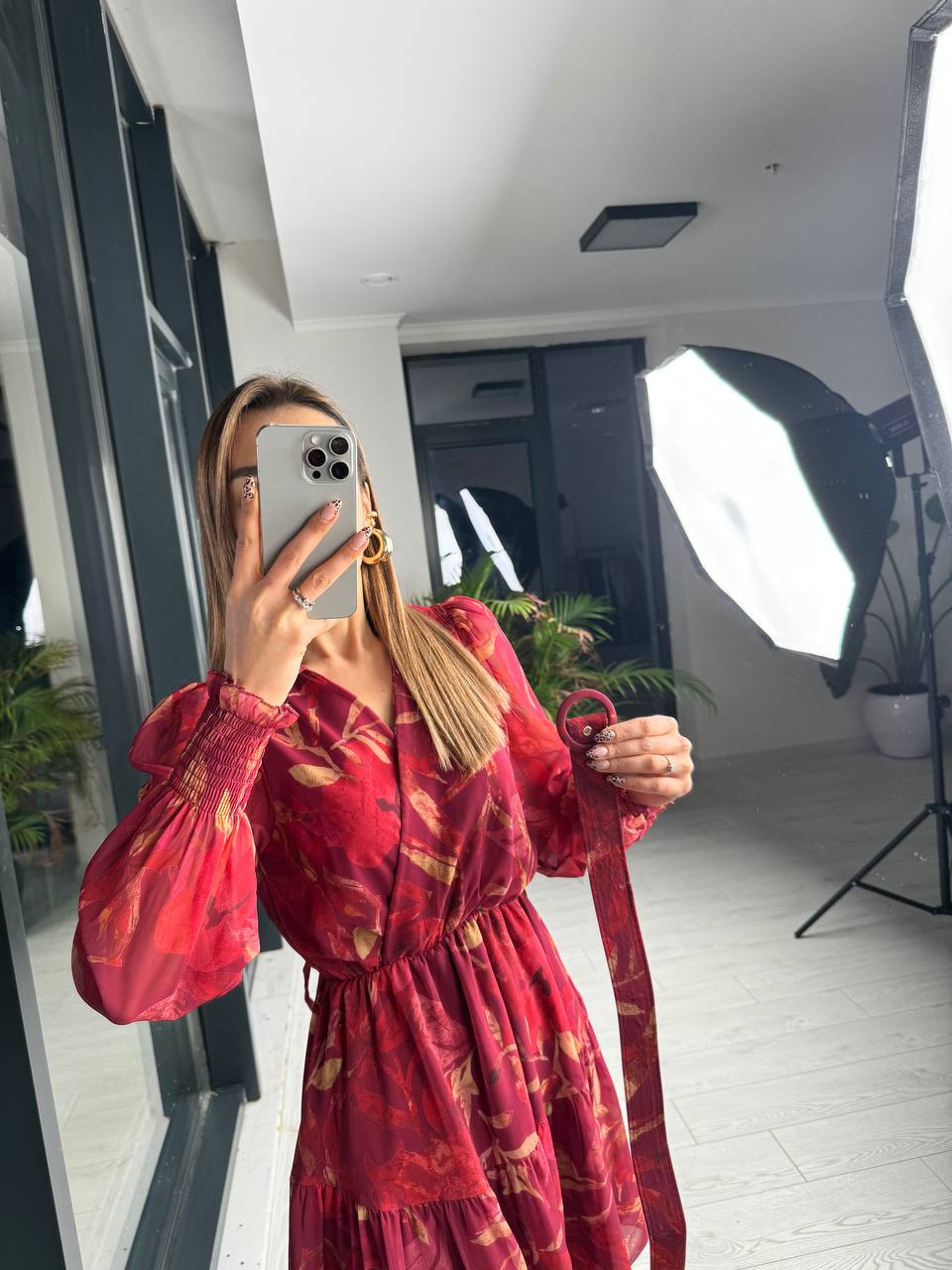 Kemerli%20Desenli%20Nova%20Astarlı%20Şifon%20Elbise