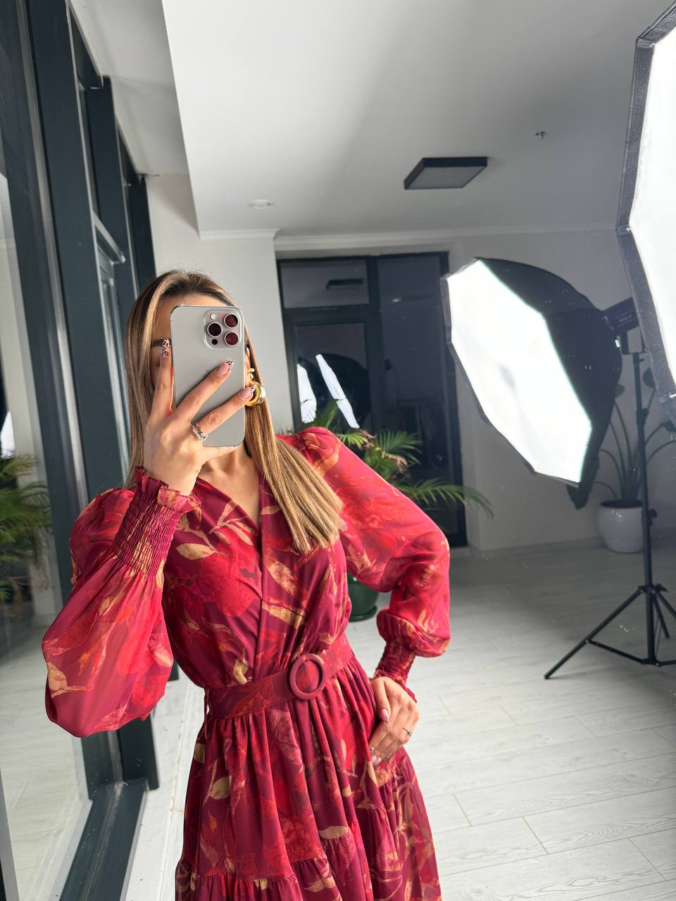 Kemerli%20Desenli%20Nova%20Astarlı%20Şifon%20Elbise