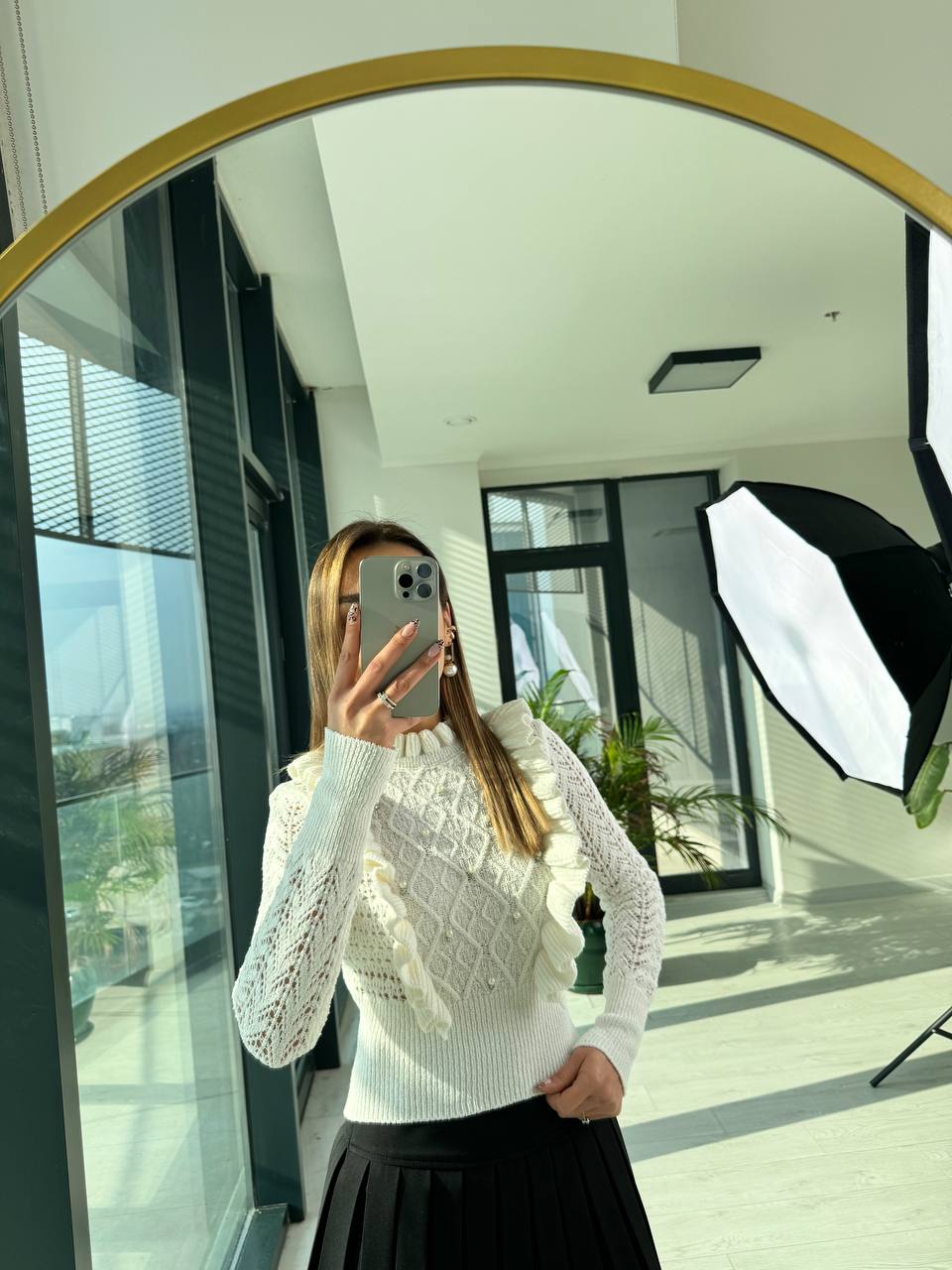 Bej%20İnci%20Detaylı%20Triko%20Bluz