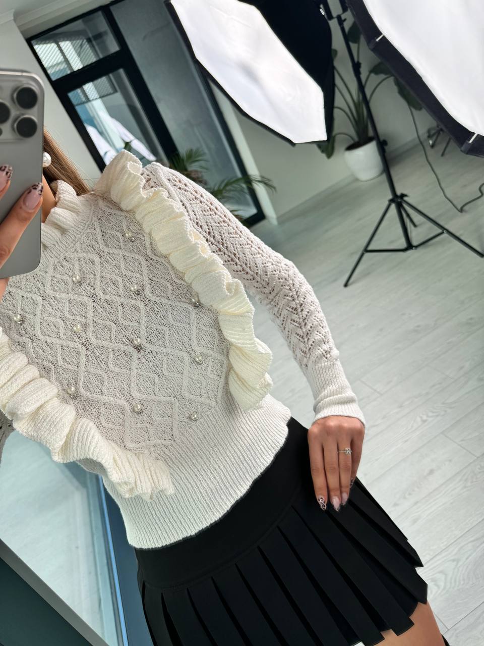 Bej%20İnci%20Detaylı%20Triko%20Bluz