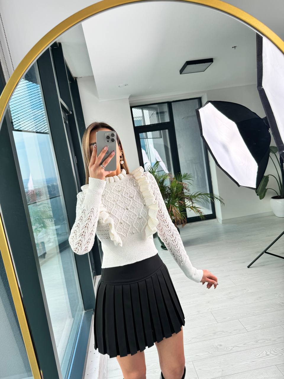 Bej%20İnci%20Detaylı%20Triko%20Bluz