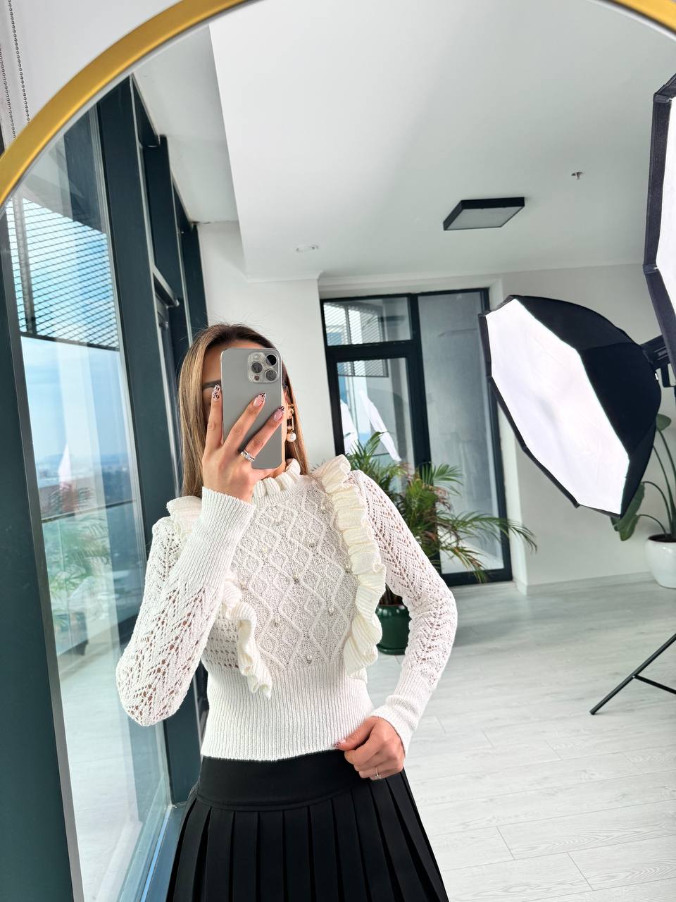 Bej%20İnci%20Detaylı%20Triko%20Bluz