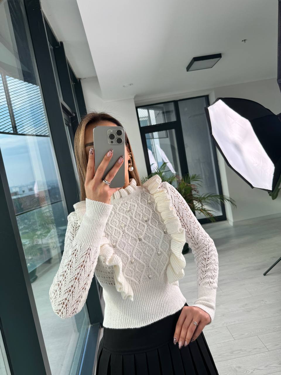 Bej%20İnci%20Detaylı%20Triko%20Bluz