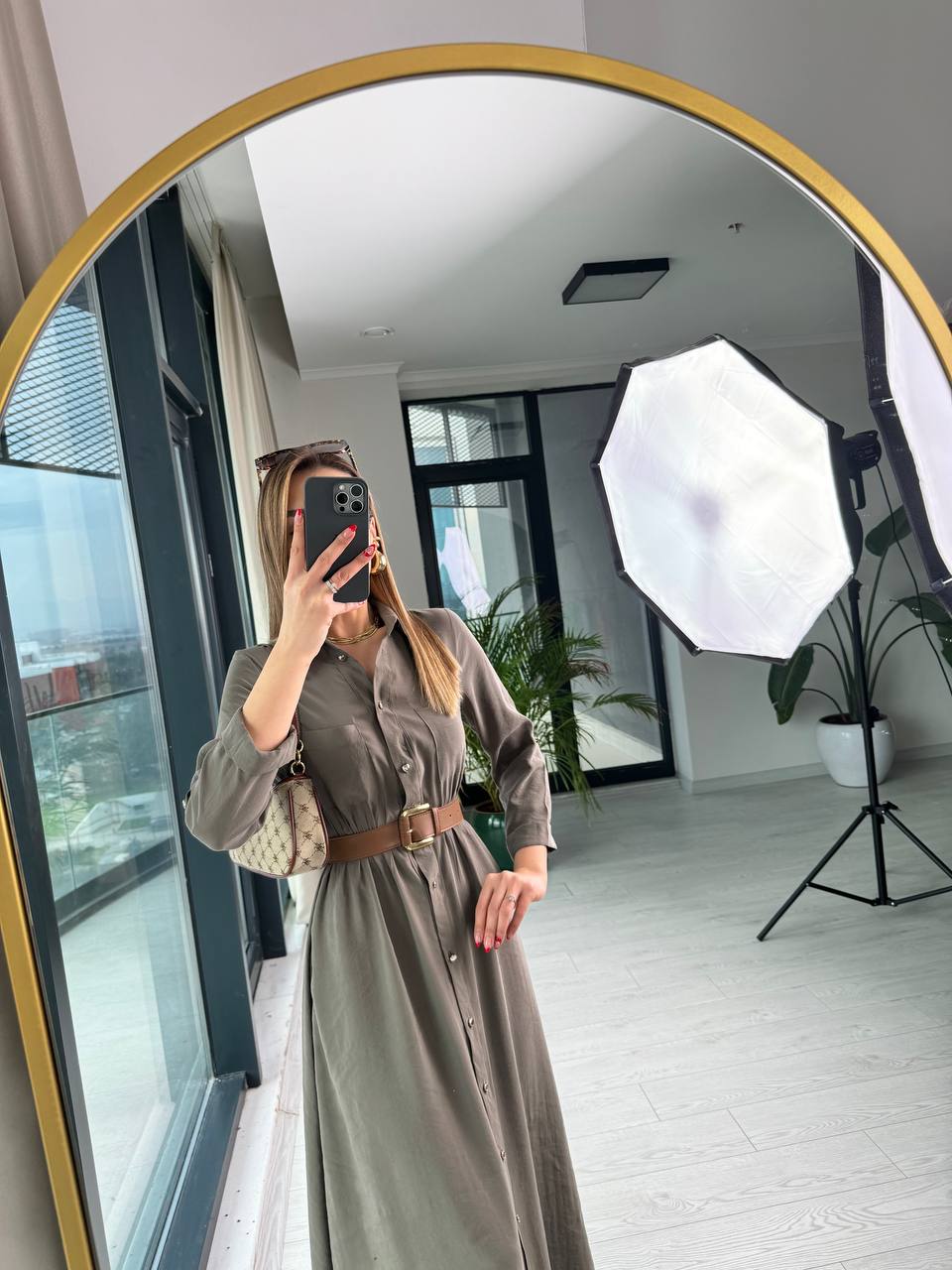 Yeşil%20Tensel%20Pamuklu%20Kumaş%20Kalp%20Düğmeli%20Kemerli%20Gömlek%20Elbise