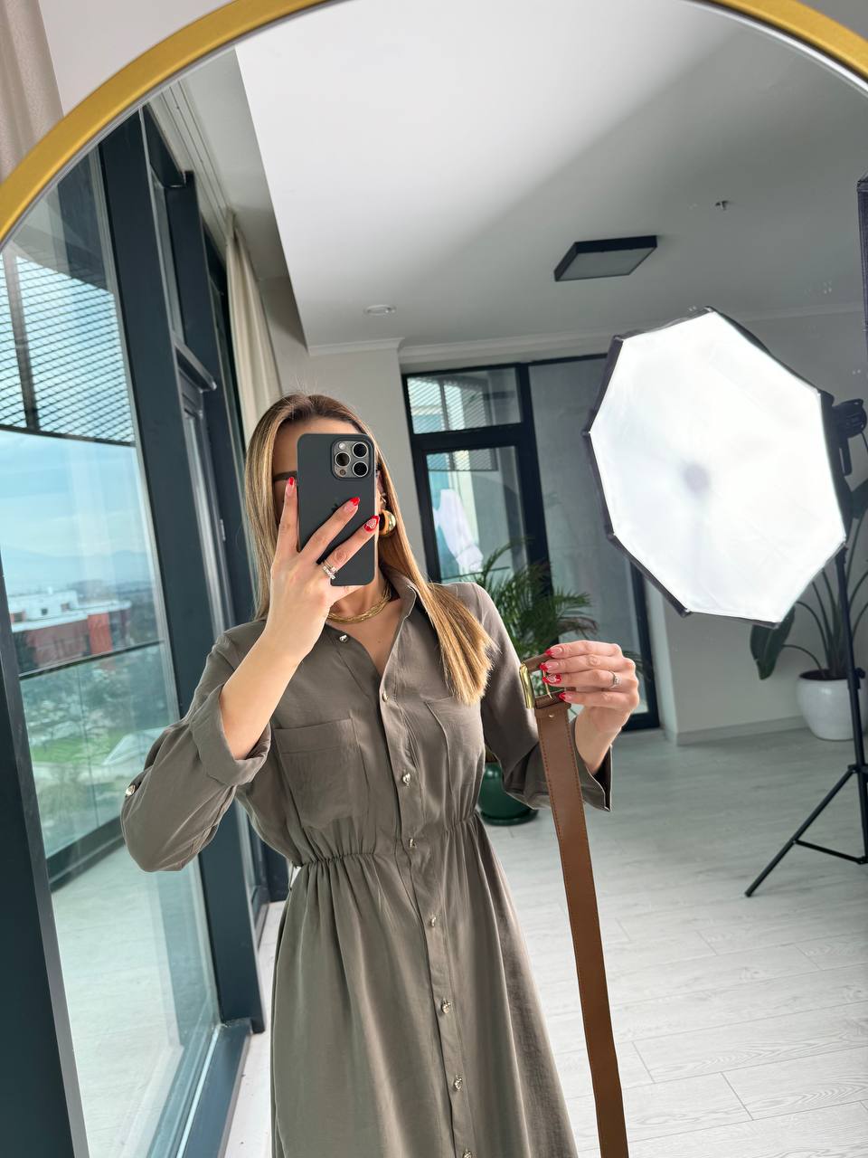 Yeşil%20Tensel%20Pamuklu%20Kumaş%20Kalp%20Düğmeli%20Kemerli%20Gömlek%20Elbise