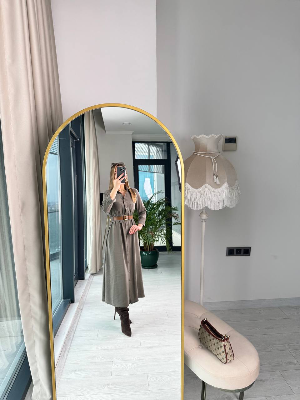 Yeşil%20Tensel%20Pamuklu%20Kumaş%20Kalp%20Düğmeli%20Kemerli%20Gömlek%20Elbise