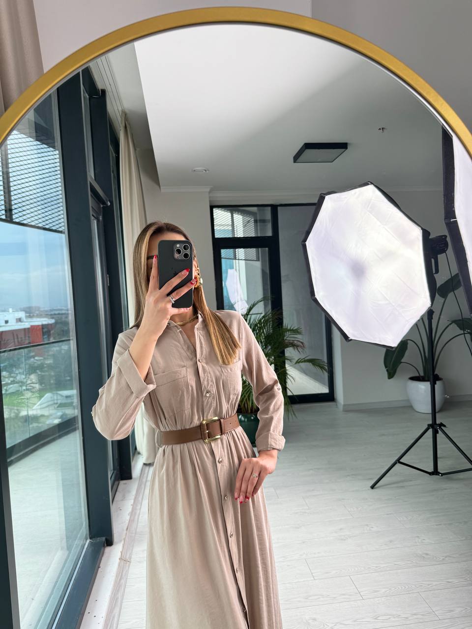 Bej%20Tensel%20Pamuklu%20Kumaş%20Kalp%20Düğmeli%20Kemerli%20Gömlek%20Elbise