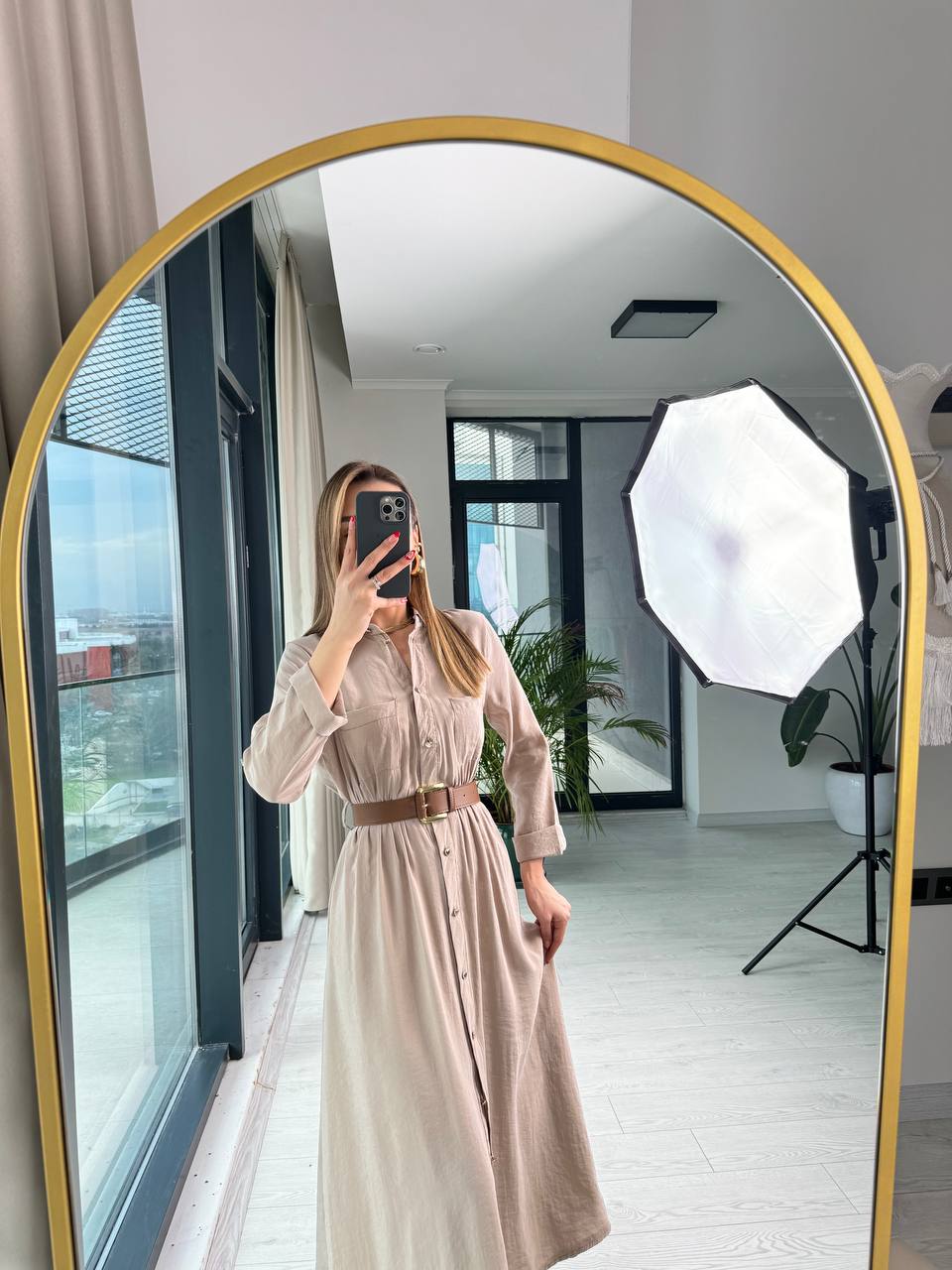Bej%20Tensel%20Pamuklu%20Kumaş%20Kalp%20Düğmeli%20Kemerli%20Gömlek%20Elbise