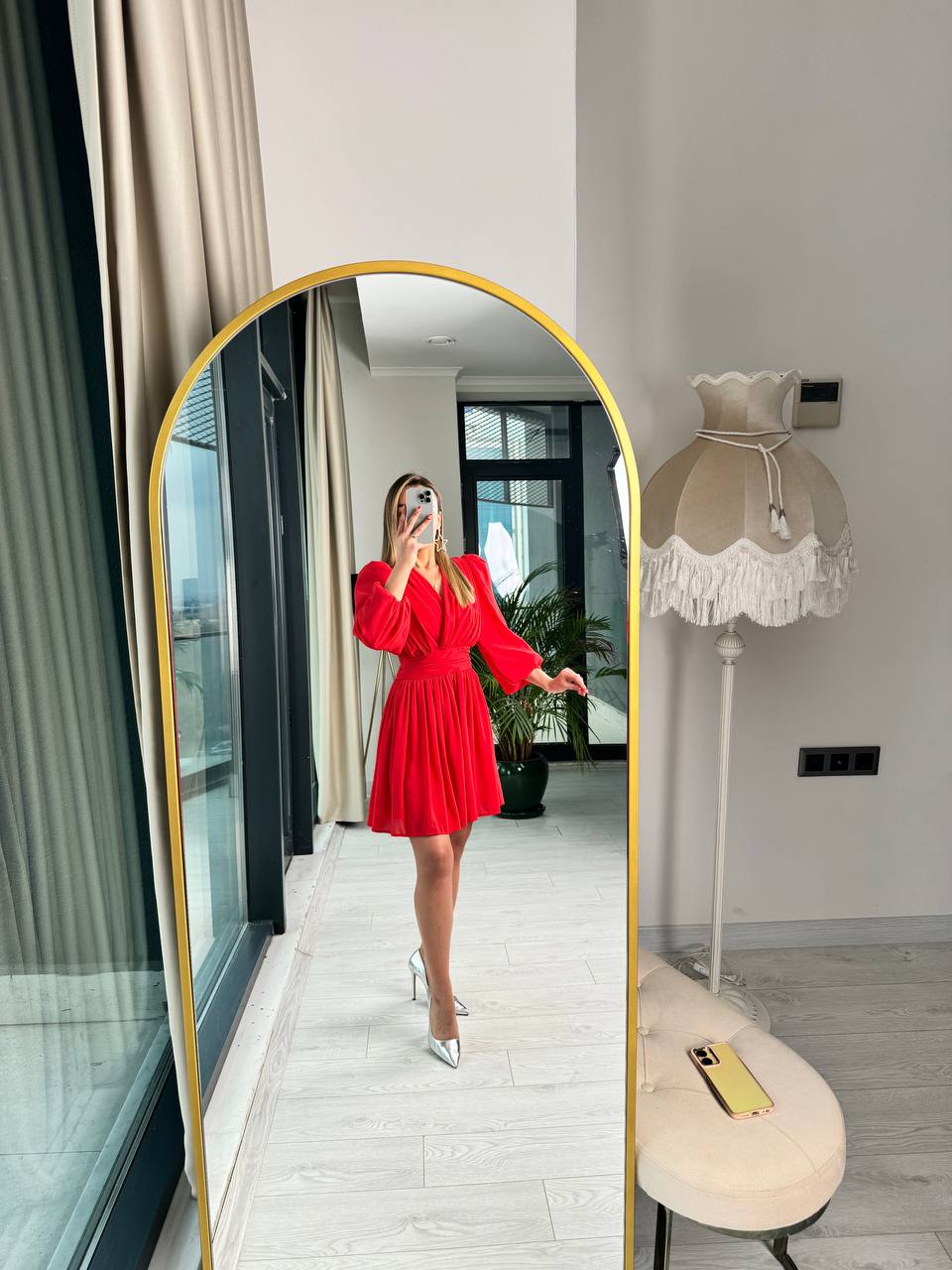 Kırmızı%20Tasarım%20Şifon%20Astarlı%20Mini%20Elbise