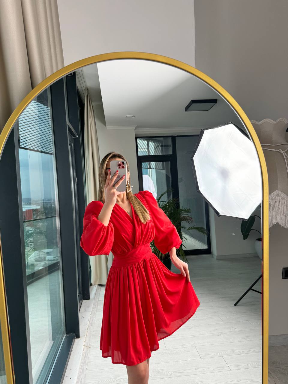 Kırmızı%20Tasarım%20Şifon%20Astarlı%20Mini%20Elbise