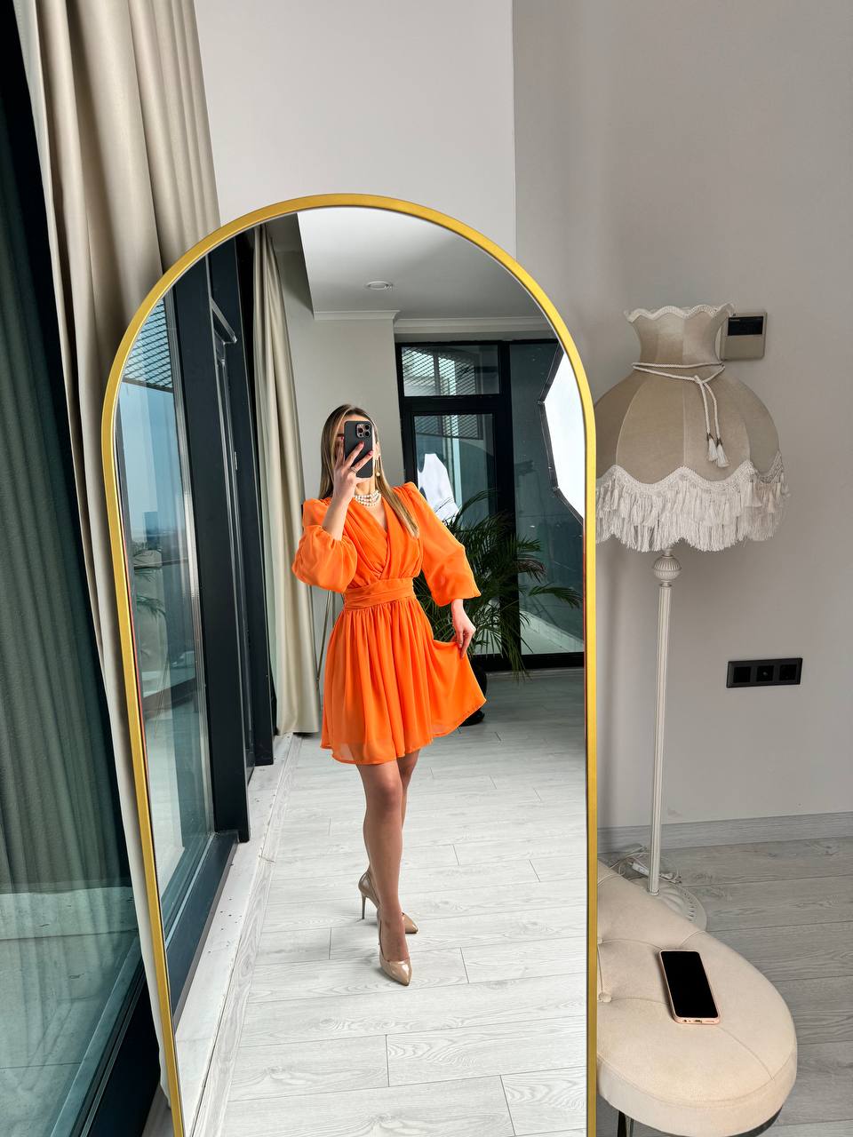 Orange%20Tasarım%20Şifon%20Astarlı%20Mini%20Elbise