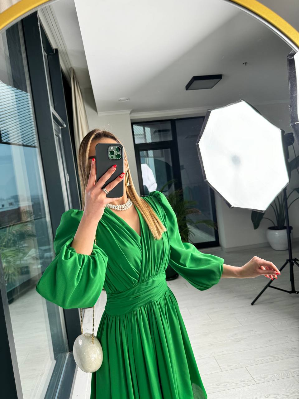 Koyu%20Yeşil%20Tasarım%20Şifon%20Astarlı%20Mini%20Elbise