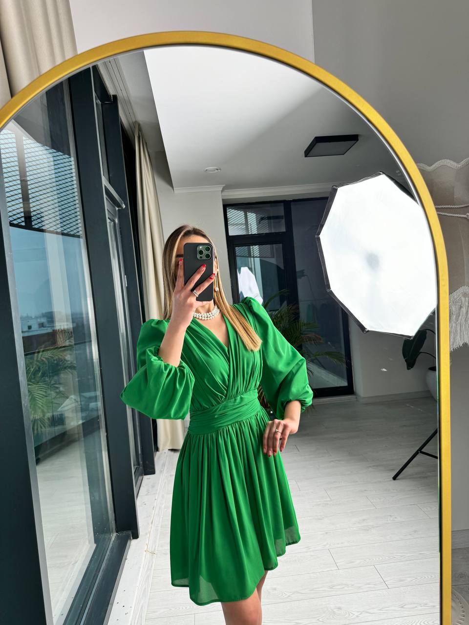 Koyu%20Yeşil%20Tasarım%20Şifon%20Astarlı%20Mini%20Elbise