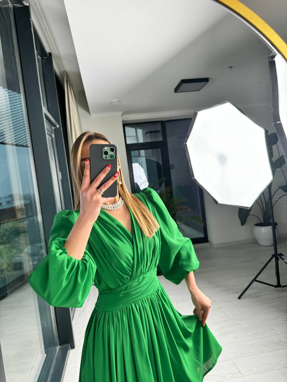 Koyu%20Yeşil%20Tasarım%20Şifon%20Astarlı%20Mini%20Elbise