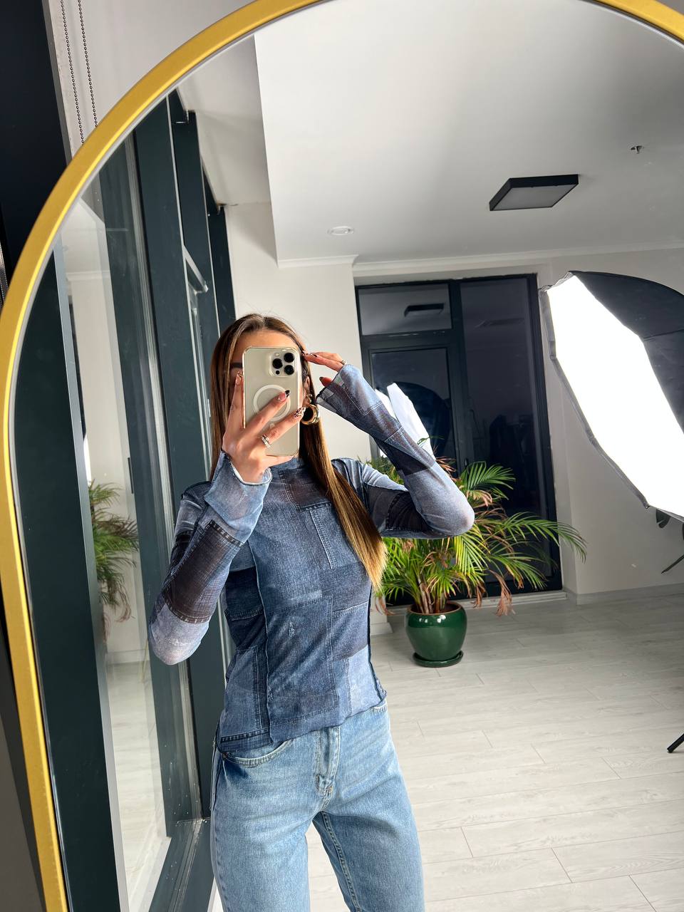 Mavi%20Desenli%20Ekstra%20Body%20Astarlı%20Tül%20Bluz