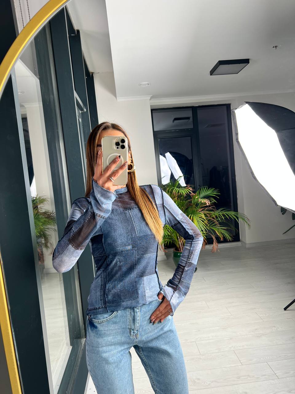 Mavi%20Desenli%20Ekstra%20Body%20Astarlı%20Tül%20Bluz