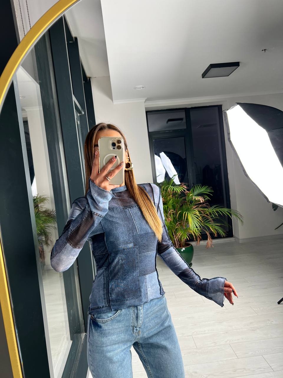 Mavi%20Desenli%20Ekstra%20Body%20Astarlı%20Tül%20Bluz