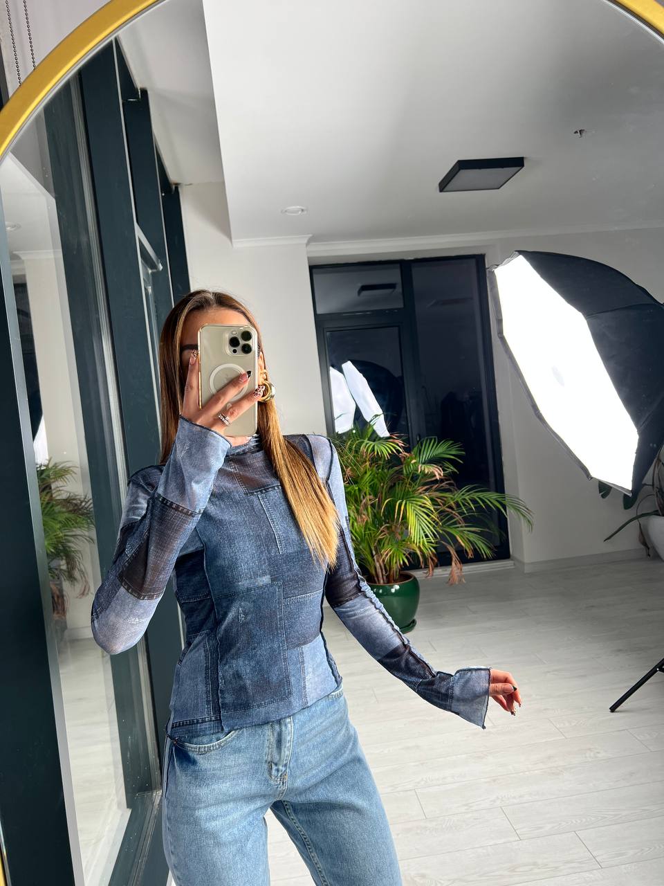 Mavi%20Desenli%20Ekstra%20Body%20Astarlı%20Tül%20Bluz