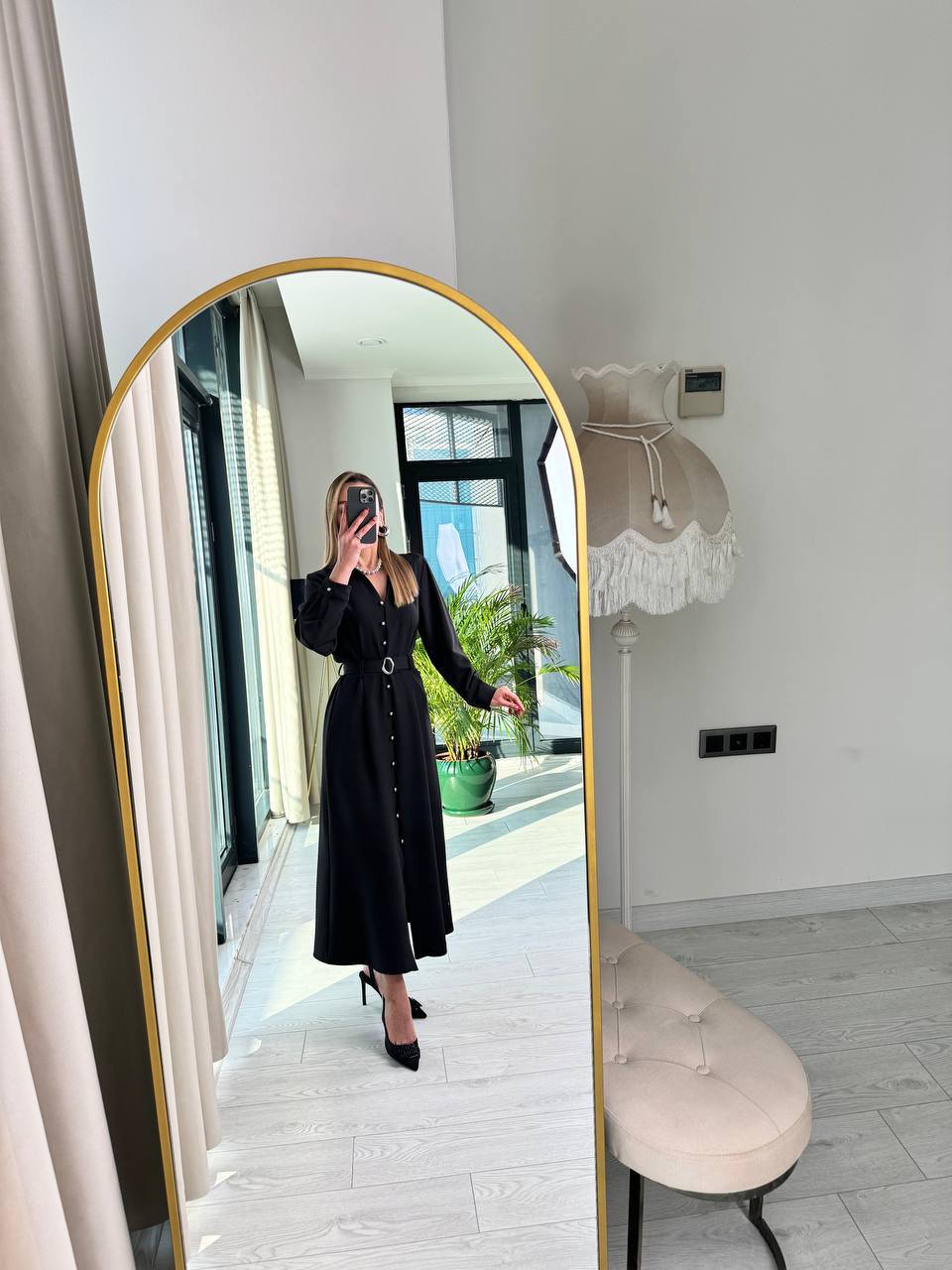 Lüks%20Kalite%20Siyah%20Gri%20Düğme%20Detaylı%20Elbise