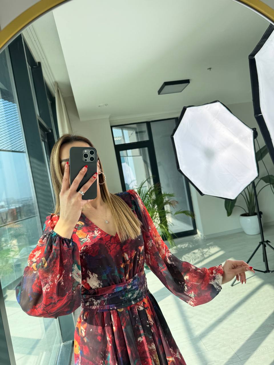 Renkli%20Desenli%20Kuşak%20Kemerli%20Tasarım%20Şifon%20Elbise