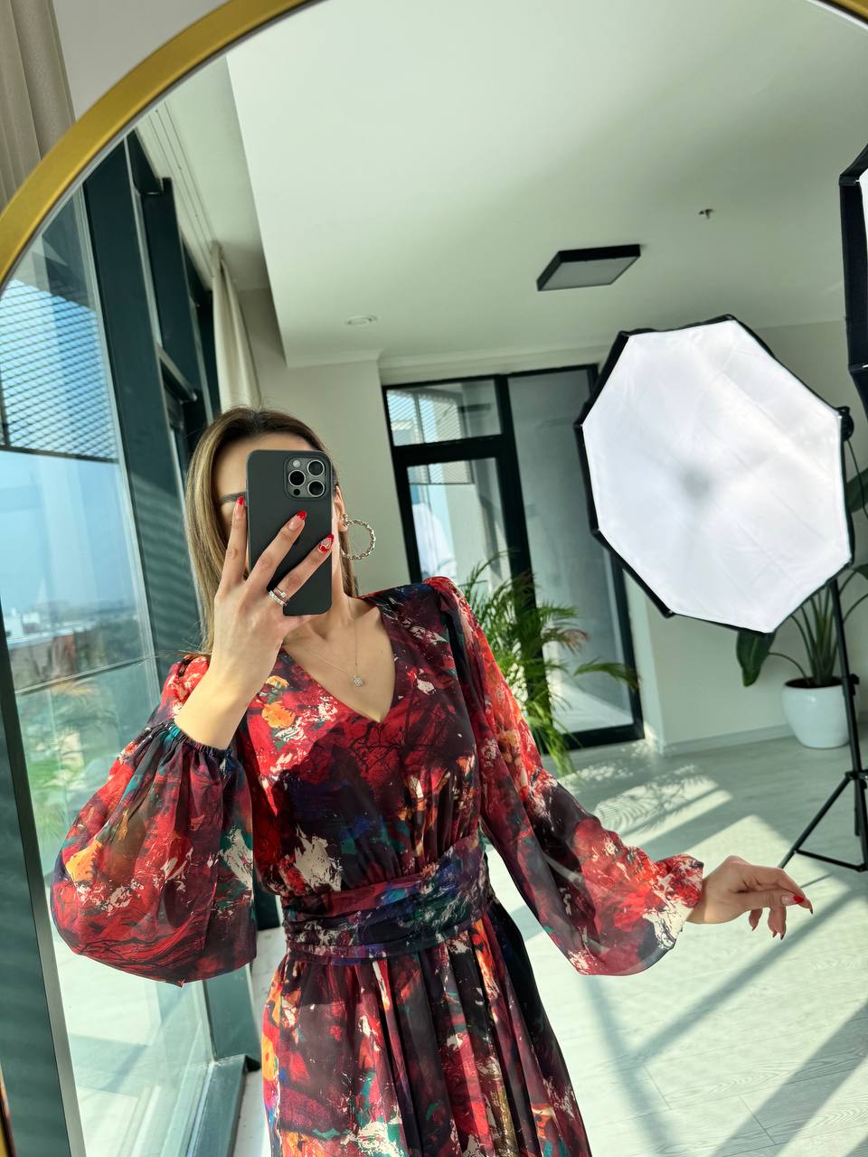 Renkli%20Desenli%20Kuşak%20Kemerli%20Tasarım%20Şifon%20Elbise