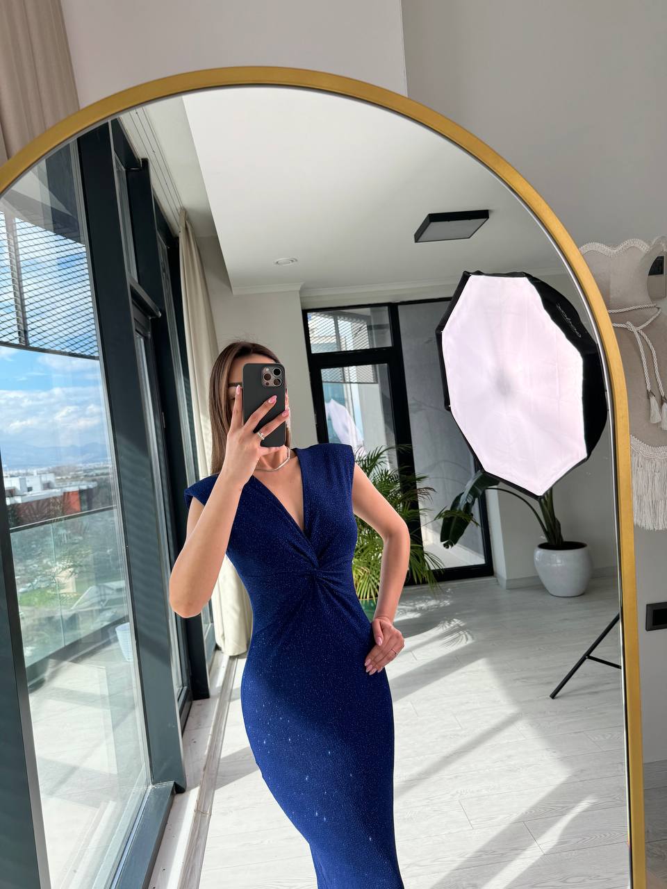 Mavi%20Simli%20Likralı%20Kumaş%20Bel%20Detaylı%20Kalem%20Elbise