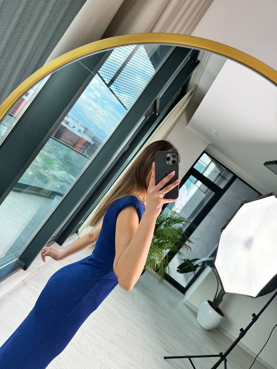 Mavi%20Simli%20Likralı%20Kumaş%20Bel%20Detaylı%20Kalem%20Elbise