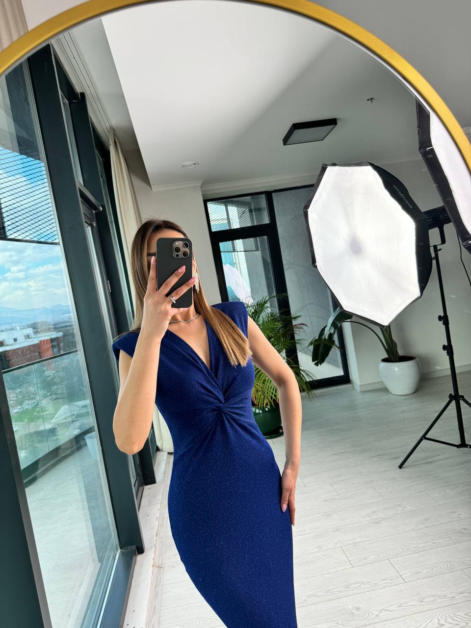 Mavi%20Simli%20Likralı%20Kumaş%20Bel%20Detaylı%20Kalem%20Elbise