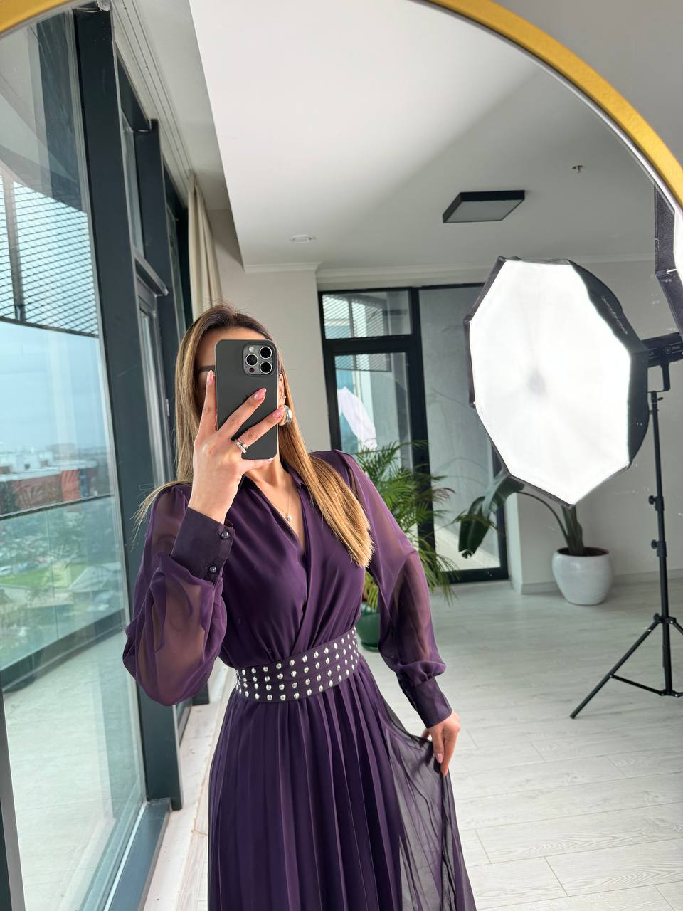 Mor%20Astarlı%20Bel%20Kuşak%20Detaylı%20Piliseli%20Şifon%20Elbise